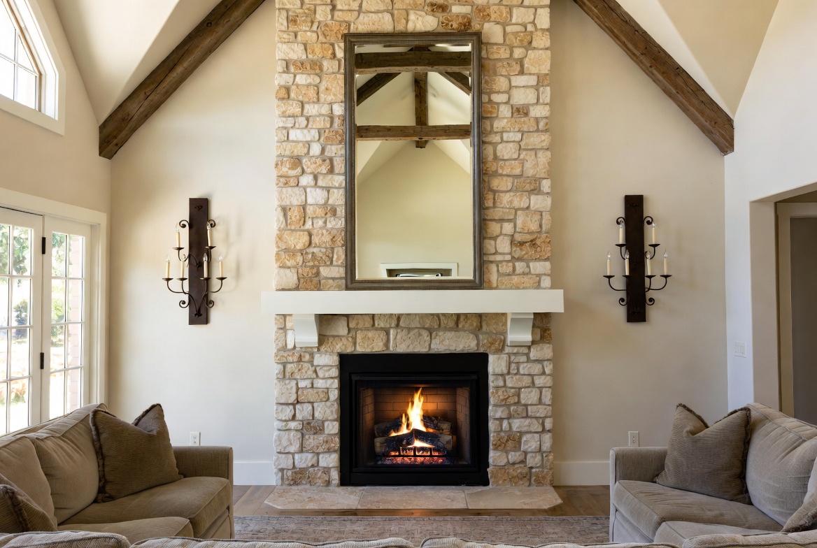 Wood burning fireplace with active flames